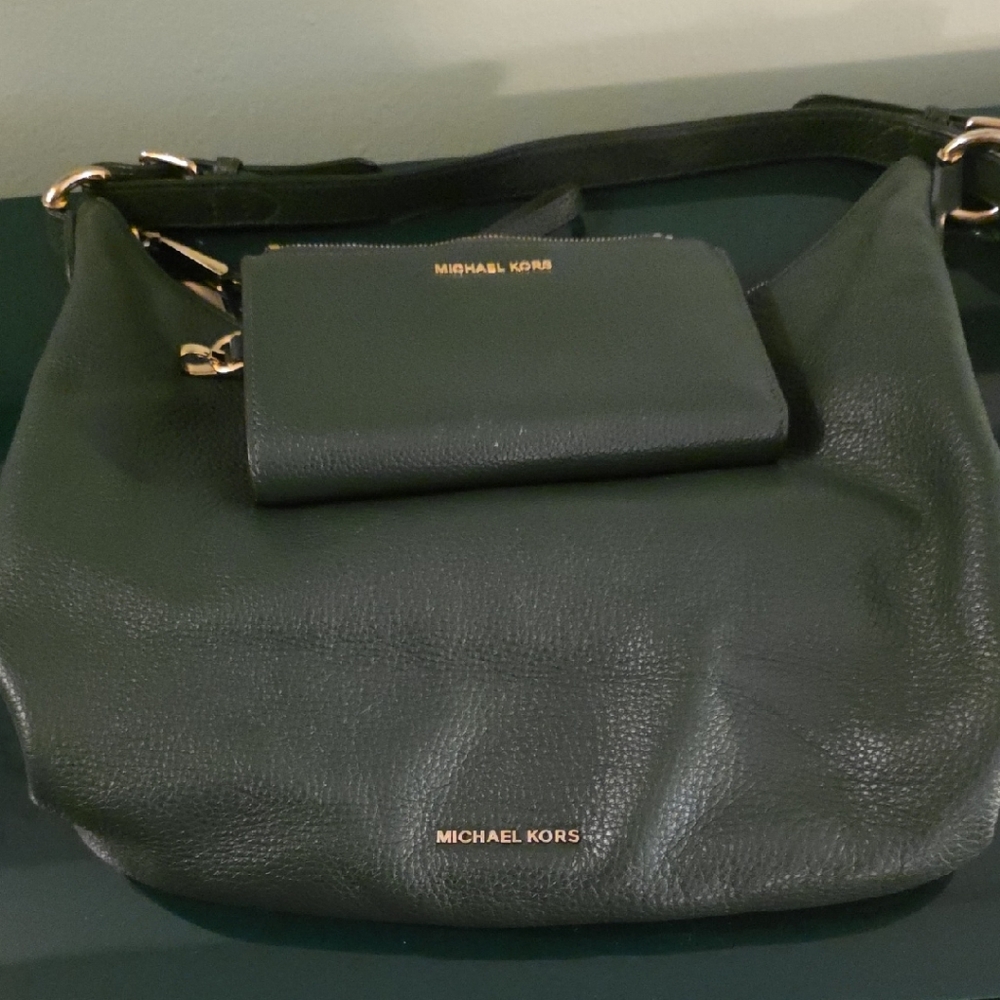 Michael Kors Dark Green Leather Hobo Bag with Wallet